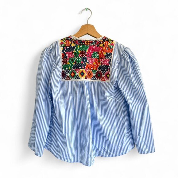 ROUSS BLUE WHITE STRIPED EMBROIDERED STRUCTURED CARDIGAN TOP BLOUSE WOMENS SIZE - Picture 4 of 7